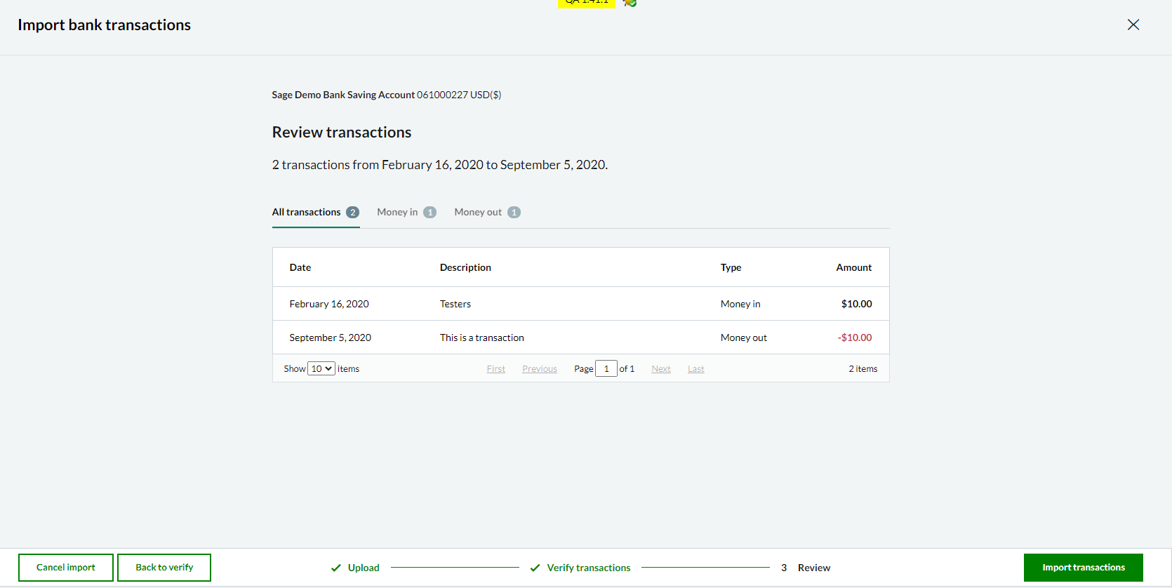2 transactions are displayed on the Review transactions screen for the user.