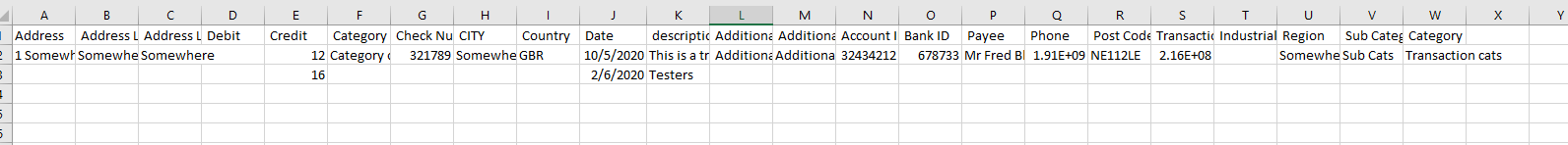 An image taken from a spreadsheet including transaction details.