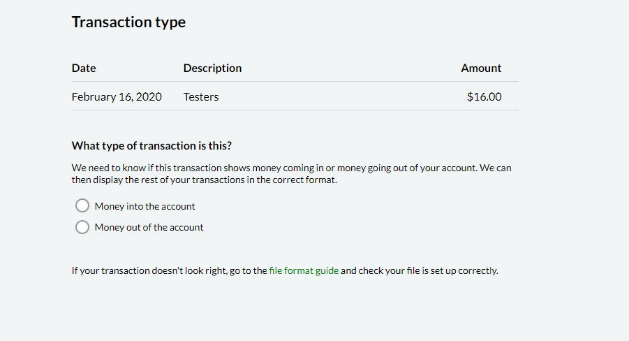 Image displaying a transaction from the selected file for the user to determine whether it's money in or out of the account.