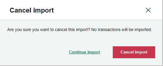 An image of a import cancellation message confirmation, including options to continue with the import or cancel it.